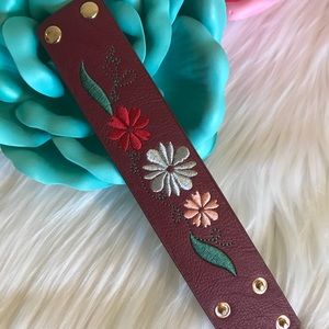 Faux Leather Embroidered Wristband- Red
